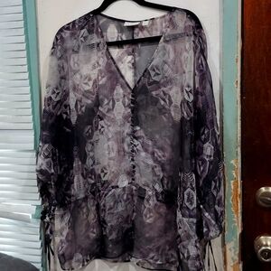 L Vntg Sheer Blouse, 3/4 Balloon Sleeve Tie Dark Fairy/Cottage Core Office Core.